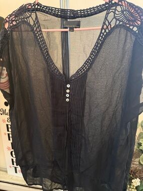 i jeans by Buffalo Black Sheer Crochet-Trim Blouse with Pintuck Front